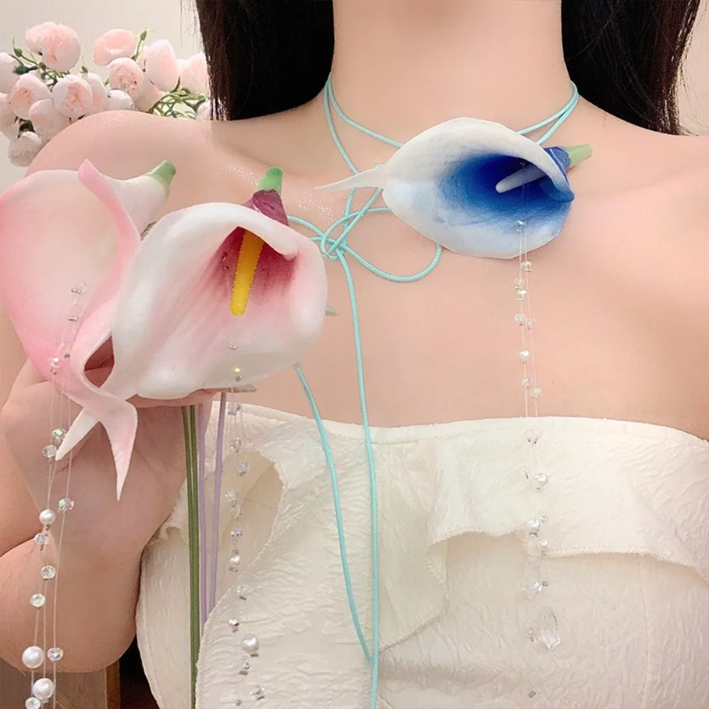 Fashion Exaggerated Calla Lily - Pearl Choker Necklace Vintage recension och pris