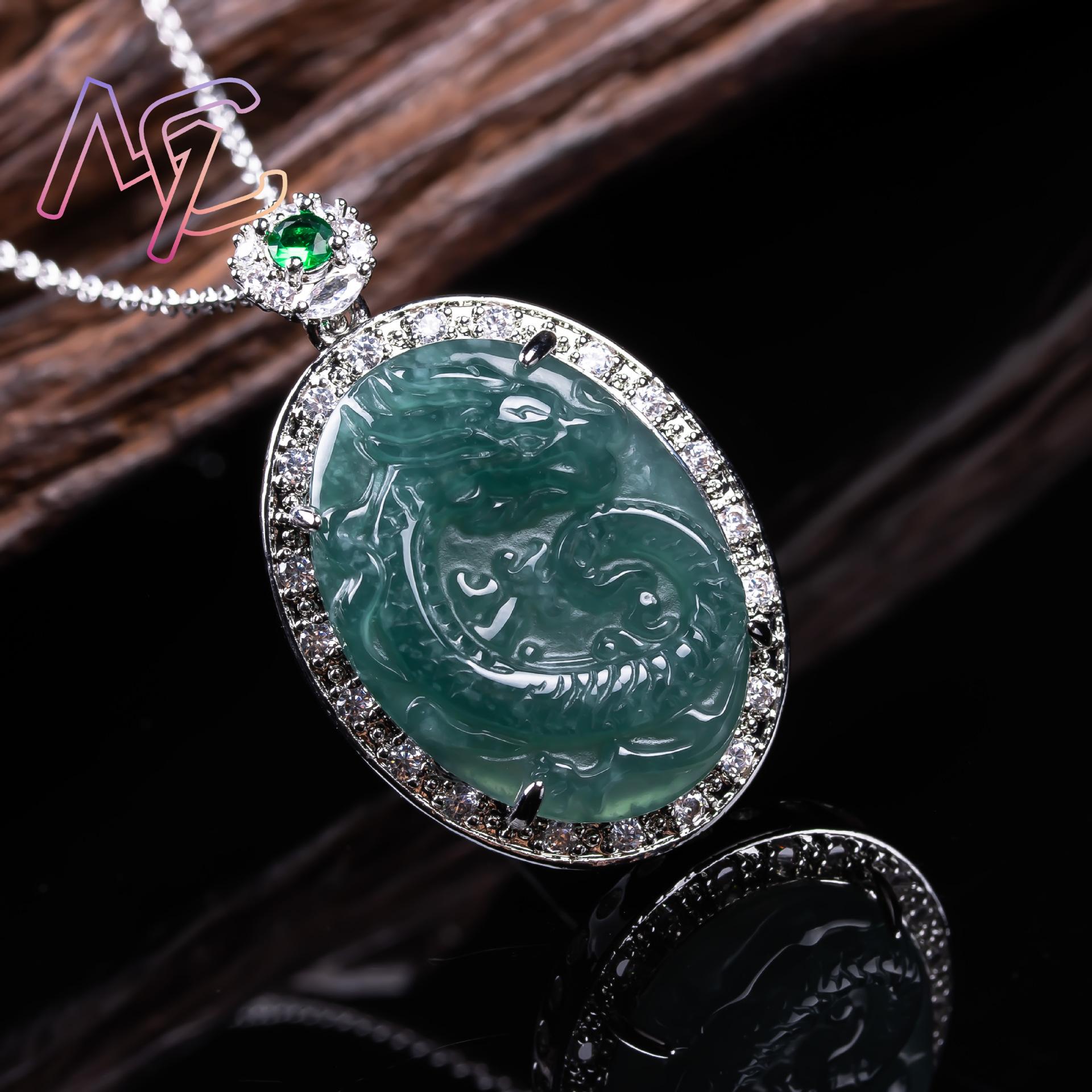 Myanmar Jadeite Dragon Pendant - 925 Sterling Silver Chain Necklace Men recension och pris